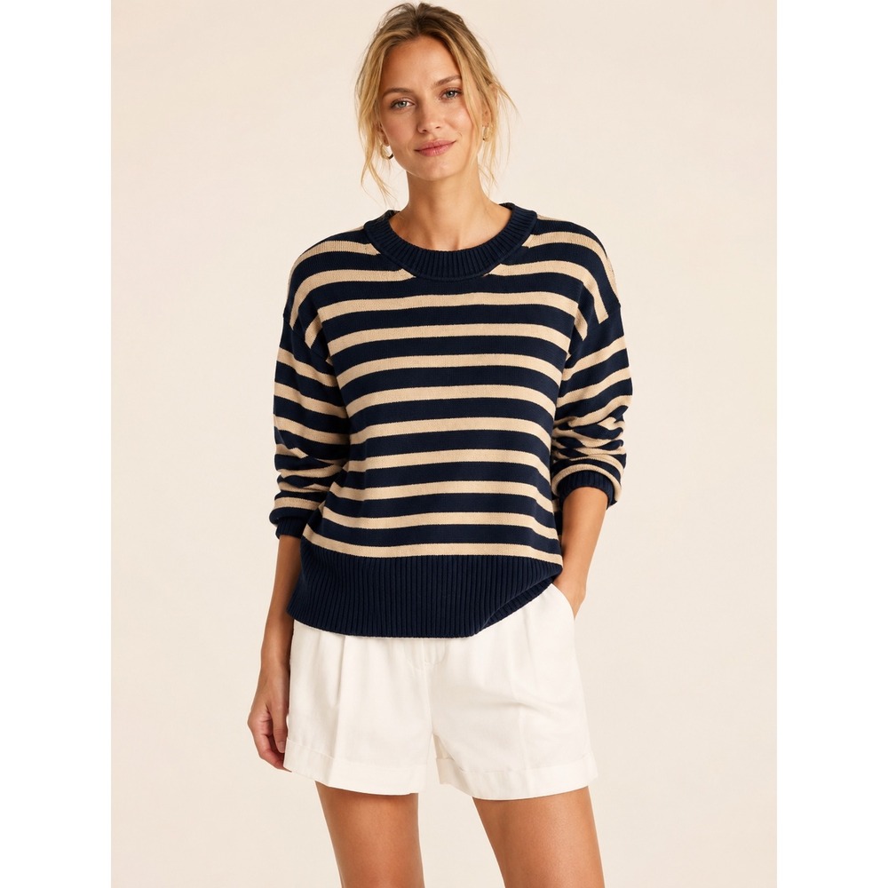 J.Crew Womens Striped Cotton Sweater XS Preppy Navy Tan Crewneck Pullover
